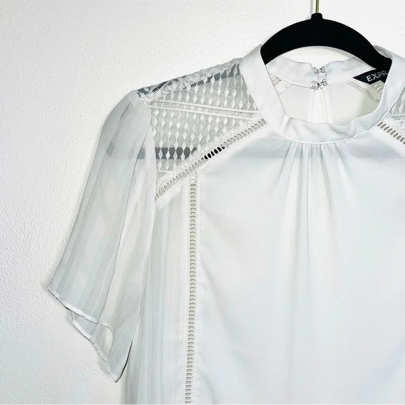 Express White High Neck Sheer Lattice Flutter Sleeve Blouse Large Women’s - Picture 3 of 11